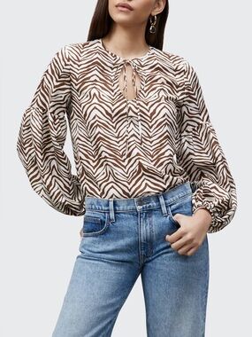 Lafayette 148 Casual Silk Zebra Lupe Blouson Sleeve Animal Print Keyhole Blouse